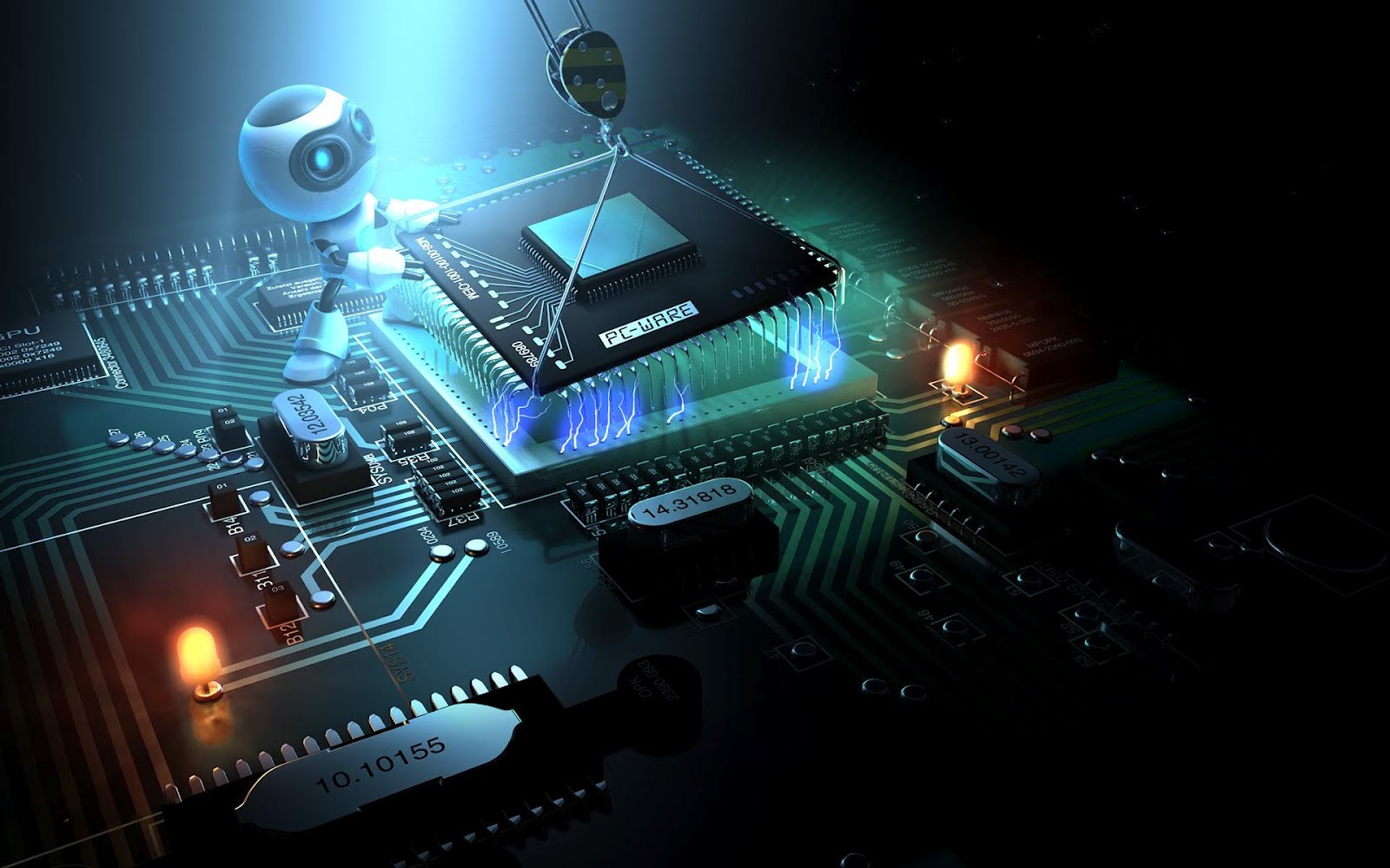 an alien removing a microchip from a motherboard with the help of a crane wallpaper 2924